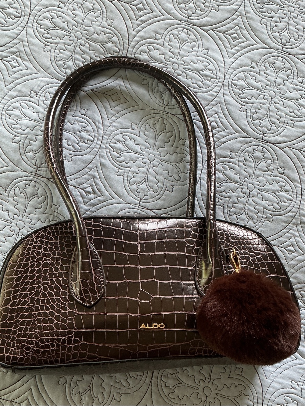 Aldo Dark Brown Croc-Embossed Shoulder Bag with Pom Pom